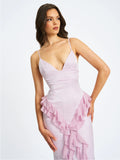 Paolina Taro Pink Jacquard Ruffle Mermaid Maxi Dress