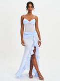 Lacy Blue Ruched Breast High Slit Chiffon Dress