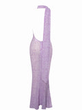 PURPLE VELVET ANIMAL PRINT MESH HALTER NECK MAXI DRESS