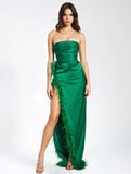 PERRY EMERALD FEATHER SLIT GOWN