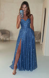 SMOKY BLUE LACE UP GLITTER BALL GOWN