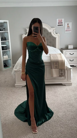 EMERALD DAISY EMBELLISHED SATIN CORSET GOWN