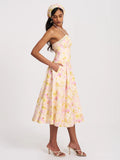 Zaina Yellow Pink Floral Print Lace Midi Dress