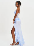 Lacy Blue Ruched Breast High Slit Chiffon Dress