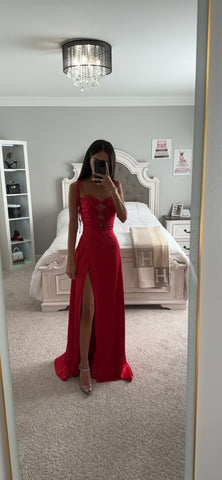 RUBY RED LACE UP HIGH SLIT SATIN DRESS