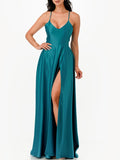 SPAGHETTI STRAP SATIN A LINE GOWN