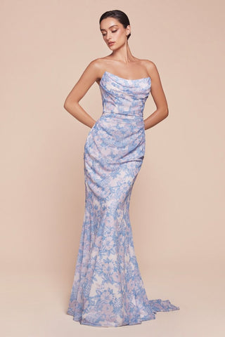 STRAPLESS FLORAL PRINT SOFT SATIN GOWN