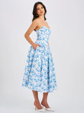 PALOMA BLUE PRINT LINEN CORSET DRAPING MIDI DRESS