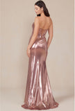 SLEEVELESS STRAPLESS TWISTED PLEATED METALLIC GOWN