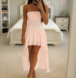 Mae Pink Ruched Breast Appliqué Trim Trailing Dress