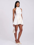 Idalia Pearl White Beaded Lace Trim Backless Halter Mini Dress