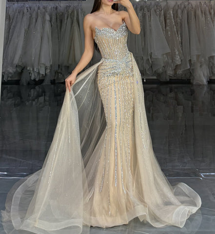 STRAPLESS CRYSTAL EMBELLISHED GOWN WITH OVERSKIRT