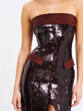 QADIRA BURGUNDY BROWN SEQUIN MAXI DRESS