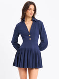 VALARIE NAVY BLUE DENIM STYLE PLEATED MINI DRESS