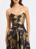 SAANVI GOLD TIE DYE BRONZING STRAPLESS DROP WAIST MIDI GOWN