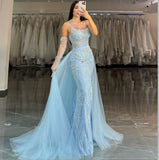 BEADED LIGHT BLUE GOWN & REMOVABLE TULLE OVERSKIRT