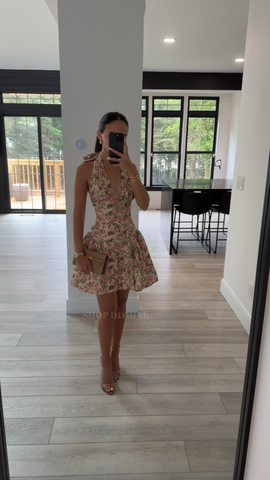 Mackenzie Green And Pink Floral Print Mini Dress