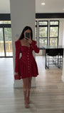 RED TWEED LONG SLEEVE DROP WAIST MINI DRESS