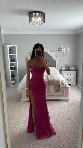 A-Line Strapless Slit Dreamy Gown With Ruffle Fuchsia