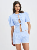 Qusayla Baby Blue Gingham Bubble Sleeve Bowtie Top