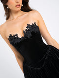 NORA BLACK VELVET DROP WAIST CORSET LACE TRIM DRESS