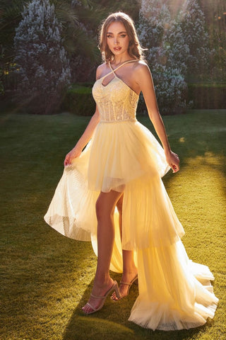 HIGH LOW HALTER BEADED BALL GOWN