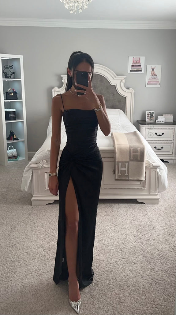SATIN FITTED KNOT SIDE SLIT GOWN – DDMINE