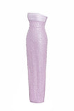 ROBE LONGUE EN SATIN VIOLET À PAILLETTES ET PERLES LAINEY