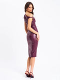 SABINA PURPLE LEATHER SLASH NECK MIDI DRESS