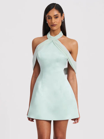 Light Cyan Halter Off-shoulder Backless Mini Dress