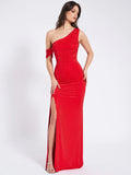 PAGET RED MESH RHINESTONE EMBELLISHED HIGH SLIT GOWN