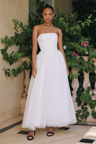 WHITE STRAPLESS BOW BACK GOWN
