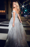 OFF SHOULDER FITTED GLITTER GOWN