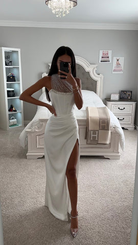 SCARLET WHITE CRYSTAL MESH SATIN GOWN DDMINE