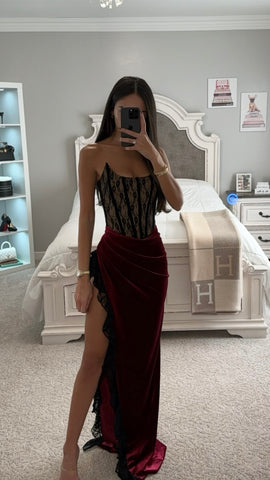 GAIA BURGUNDY LACE VELVET CORSET SLIT GOWN – DDMINE