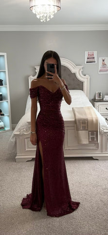 WINE RUCHED SPARKLE GOWN
