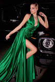 SATIN HALTER WRAP LOOK DRAPED GOWN