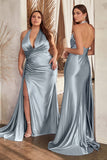 SATIN HALTER WRAP LOOK DRAPED GOWN
