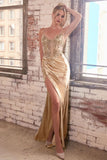 STRETCH SATIN GLITTER LACE FITTED GOWN