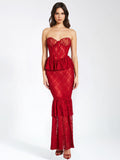 QUENNELL BURGUNDY LACE CORSET MAXI DRESS