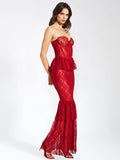 QUENNELL BURGUNDY LACE CORSET MAXI DRESS