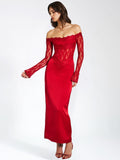 ROBE LONGUE EN SATIN ET DENTELLE ROUGE NESSA