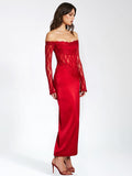 ROBE LONGUE EN SATIN ET DENTELLE ROUGE NESSA