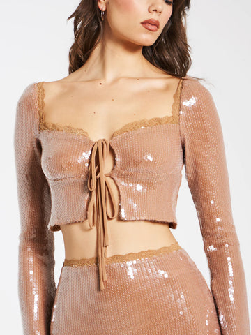 OLLIE NUDE SEQUIN LACE UP TOP