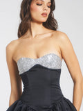 ROBE MINI BUSTIER EN SATIN ARGENT ET NOIR