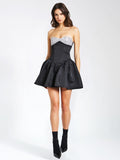 ROBE MINI BUSTIER EN SATIN ARGENT ET NOIR