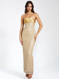 LAINEY GOLD SATIN SEQUIN PEARL BEADED MAXI DRESS