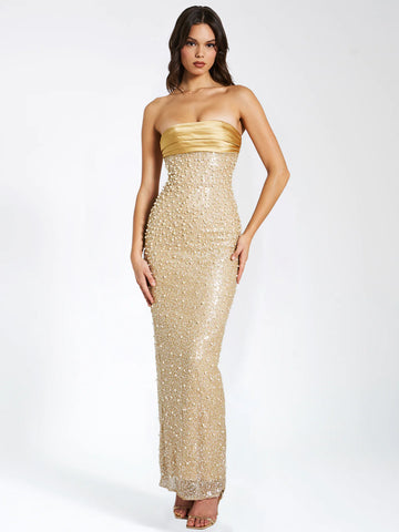 Gold Large Sequin Bandeau Maxi Dress