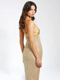 LAINEY GOLD SATIN SEQUIN PEARL BEADED MAXI DRESS