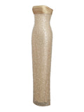 LAINEY GOLD SATIN SEQUIN PEARL BEADED MAXI DRESS